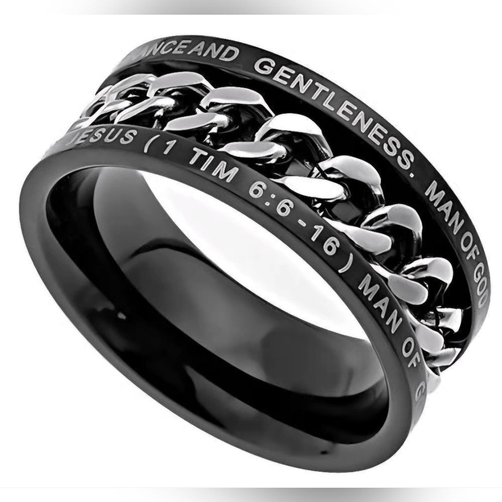 Stainless Steel Gunmetal & Silver Tone Chain Man of God Fidget Ring (8.5)